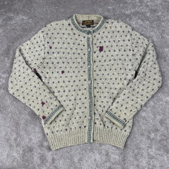Cream Eddie Bauer Wool Blend Sweater Cardigan Repaired Size L Cottage Hertiage - Picture 1 of 9